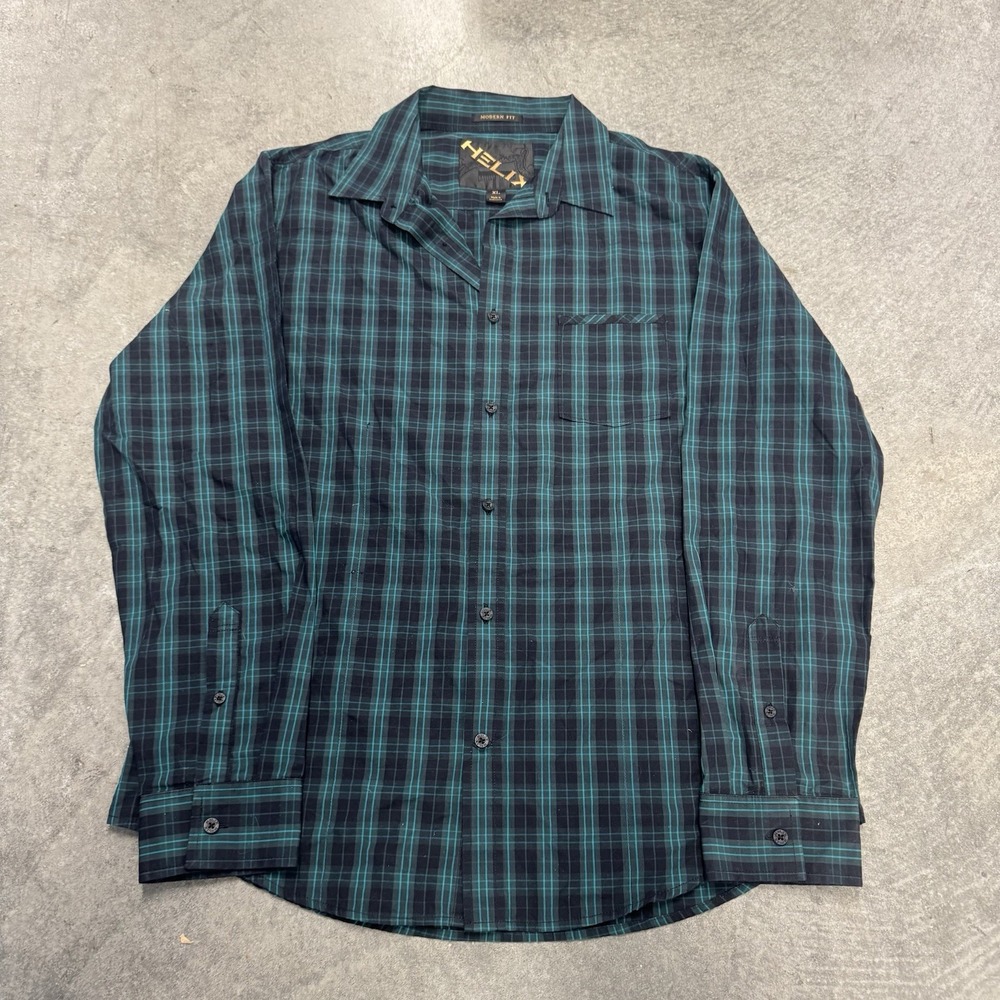 Helix Modern Fit Shirt Mens Button Green Black Plaid Long Sleeve Cotton XL - Picture 1 of 8